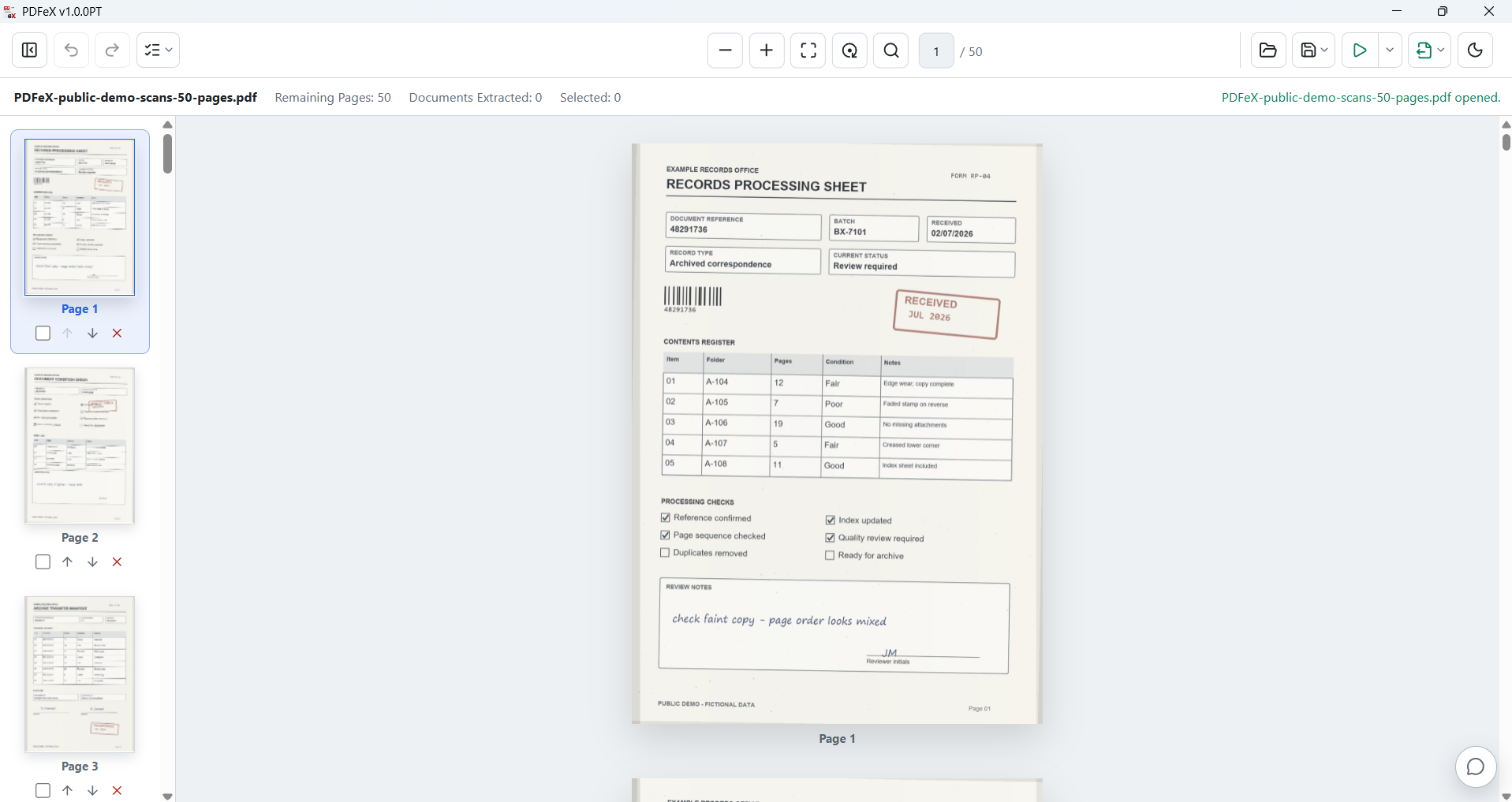 PDFeX showing a scanned paperwork PDF