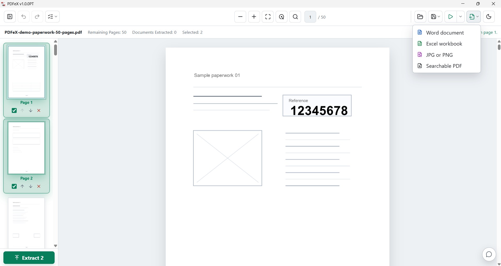 PDFeX conversion menu with Word, Excel, image and searchable PDF options