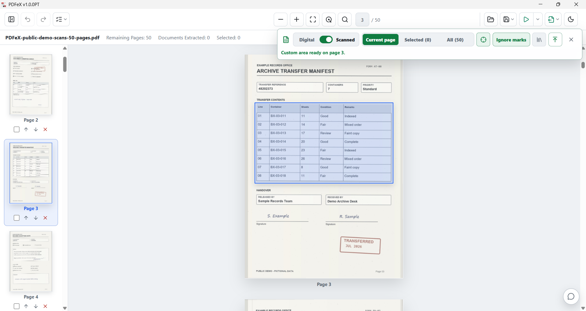 PDFeX selecting a table from a scanned page for Excel conversion