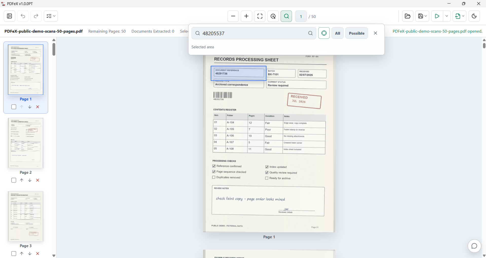 PDFeX searching a custom area of a scanned document