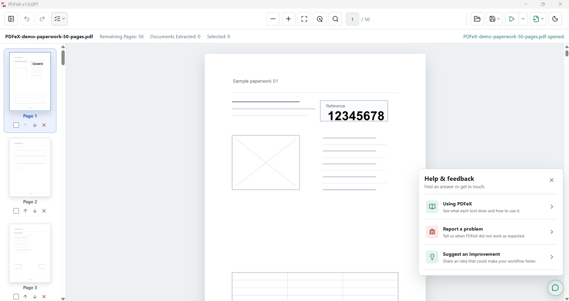 PDFeX help and feedback panel