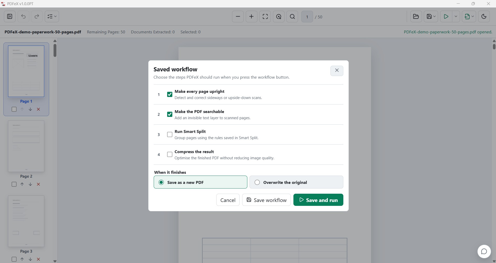 PDFeX saved workflow configuration