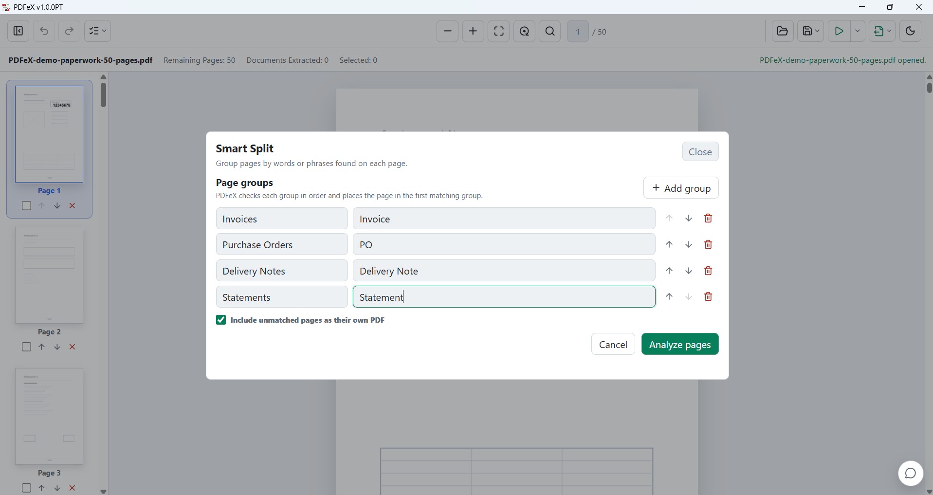 PDFeX Smart Split page groups