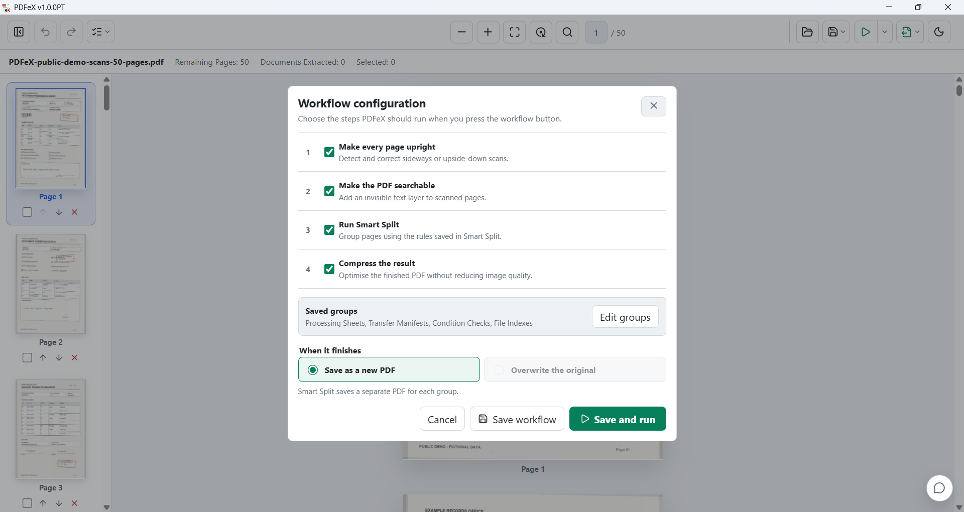 PDFeX workflow configuration with orientation, searchable PDF, Smart Split and compression